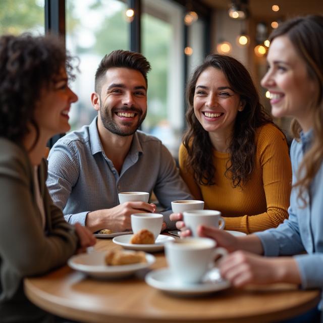 Happy customers chatting and enjoying coffee at a table.