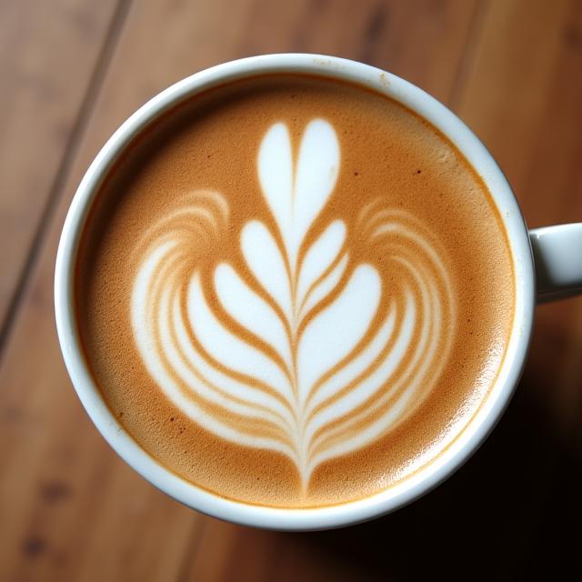 A close-up of a complex latte art design on a cappuccino.