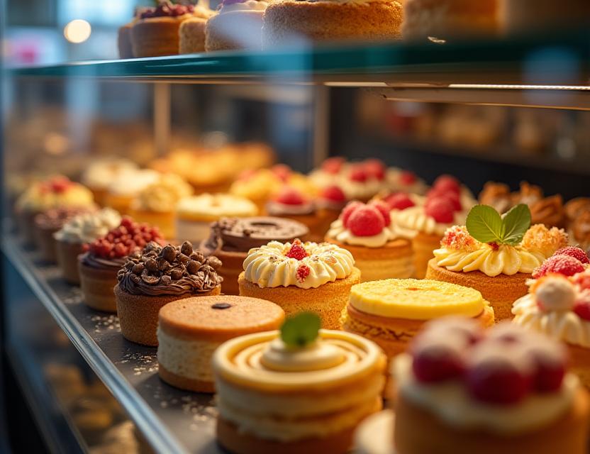 A display case filled with fresh pastries and cakes.